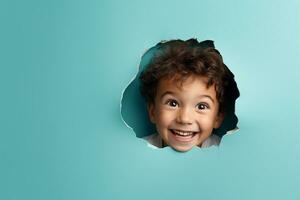 A boy smiles against a pastel background with holes in advertising style photo