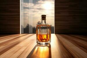 Mockup of a whiskey or liquor bottle on a natural style background photo