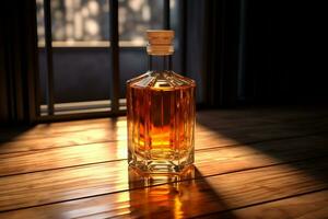 Mockup of a whiskey or liquor bottle on a natural style background photo