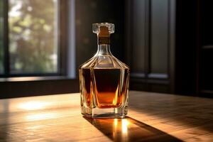 Mockup of a whiskey or liquor bottle on a natural style background photo