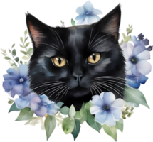 Flowers and black cat clipart for decoration in many projects. AI-Generated. png