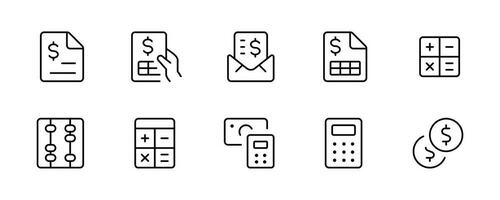 dinero, finanzas, cuenta y negocio inversión relacionado línea icono colocar. pago y contabilidad reporte cálculo lineal iconos inversión y comercio en el valores intercambiar contorno vector firmar recopilación.