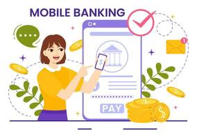 Mobile Banking Vector Illustration with Wallet App for Payment from Phone and Wireless Cash Transaction by Credit and Debit Cards in Flat Background