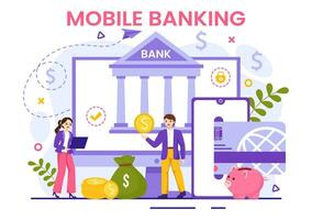 Mobile Banking Vector Illustration with Wallet App for Payment from Phone and Wireless Cash Transaction by Credit and Debit Cards in Flat Background