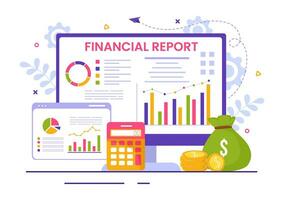 Financial Report Vector Illustration with Data Charts, Graphs and Diagrams on Finance Transaction, Analysis and Statistic Online in Flat Background