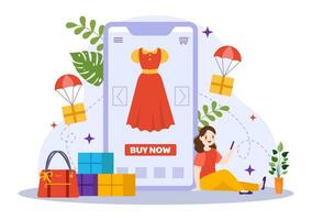 Mobile E-Commerce Vector Illustration of Smart Phone for Activities of Online Shopping and Digital Marketing Promotion with Bag and Gift Box Design