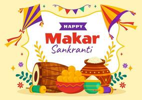 Makar Sankranti Vector Illustration. Translation the Harvest Festival. Indian Festive with Flying Colorful Kites And String Spools in Flat Background