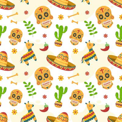 Dia de Muertos Seamless Pattern Illustration with Day of the Dead and Skeleton Element in Mexican Design