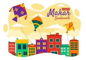 Makar Sankranti Vector Illustration. Translation the Harvest Festival. Indian Festive with Flying Colorful Kites And String Spools in Flat Background