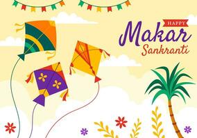 Makar Sankranti Vector Illustration. Translation the Harvest Festival. Indian Festive with Flying Colorful Kites And String Spools in Flat Background