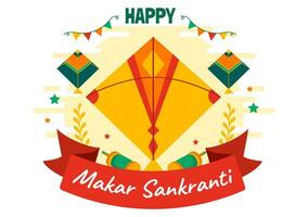 Makar Sankranti Vector Illustration. Translation the Harvest Festival. Indian Festive with Flying Colorful Kites And String Spools in Flat Background