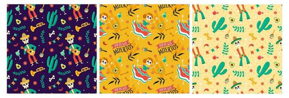 Set of Dia de Muertos Seamless Pattern Illustration with Day of the Dead and Skeleton Element in Mexican Design vector