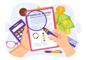 Financial Report Vector Illustration with Data Charts, Graphs and Diagrams on Finance Transaction, Analysis and Statistic Online in Flat Background