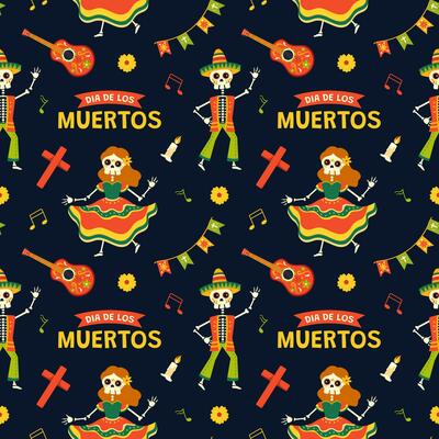 Dia de Muertos Seamless Pattern Illustration with Day of the Dead and Skeleton Element in Mexican Design