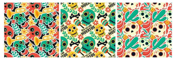 Set of Dia de Muertos Seamless Pattern Illustration with Day of the Dead and Skeleton Element in Mexican Design vector