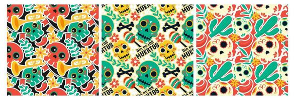 Set of Dia de Muertos Seamless Pattern Illustration with Day of the Dead and Skeleton Element in Mexican Design vector