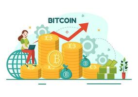 Bitcoin Vector Illustration with Cryptocurrency Coins of Blockchain Technology, Buy or Sell Trading, Crypto Market Exchange Value in Flat Background