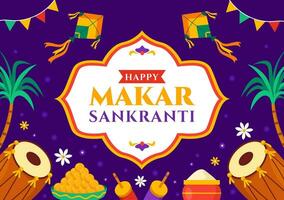 Makar Sankranti Vector Illustration. Translation the Harvest Festival. Indian Festive with Flying Colorful Kites And String Spools in Flat Background