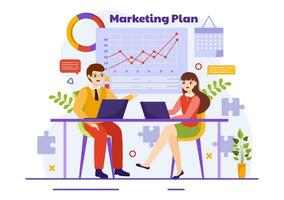 Marketing Plan and Business Strategy Vector Illustration with Effective Time Planning and Budget Growth in Target Flat Cartoon Background Design