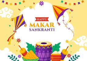 Makar Sankranti Vector Illustration. Translation the Harvest Festival. Indian Festive with Flying Colorful Kites And String Spools in Flat Background