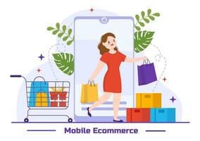 Mobile E-Commerce Vector Illustration of Smart Phone for Activities of Online Shopping and Digital Marketing Promotion with Bag and Gift Box Design