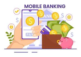 Mobile Banking Vector Illustration with Wallet App for Payment from Phone and Wireless Cash Transaction by Credit and Debit Cards in Flat Background