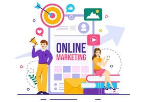 Digital Online Marketing Vector Illustration with Business Analysis, Content Strategy, Ad Targeting and Management in Flat Cartoon Background