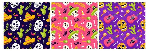 Set of Dia de Muertos Seamless Pattern Illustration with Day of the Dead and Skeleton Element in Mexican Design vector