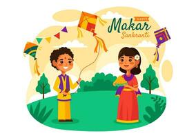 Makar Sankranti Vector Illustration. Translation the Harvest Festival. Indian Festive with Flying Colorful Kites And String Spools in Flat Background