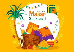 makar sankranti vector ilustración. Traducción el cosecha festival. indio festivo con volador vistoso cometas y cuerda carretes en plano antecedentes