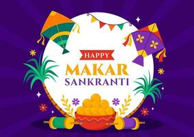 Makar Sankranti Vector Illustration. Translation the Harvest Festival. Indian Festive with Flying Colorful Kites And String Spools in Flat Background