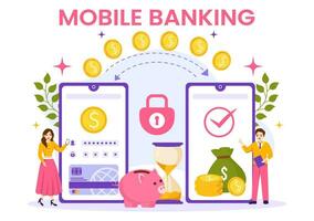 Mobile Banking Vector Illustration with Wallet App for Payment from Phone and Wireless Cash Transaction by Credit and Debit Cards in Flat Background