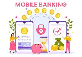 Mobile Banking Vector Illustration with Wallet App for Payment from Phone and Wireless Cash Transaction by Credit and Debit Cards in Flat Background