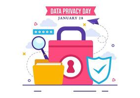 datos intimidad día vector ilustración en enero 28 con bloquear en el pantalla para proteger información documento en plano dibujos animados antecedentes diseño