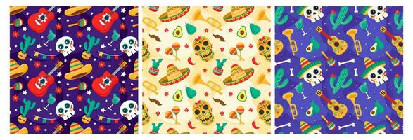 Set of Dia de Muertos Seamless Pattern Illustration with Day of the Dead and Skeleton Element in Mexican Design vector