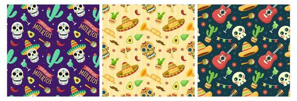 Set of Dia de Muertos Seamless Pattern Illustration with Day of the Dead and Skeleton Element in Mexican Design vector