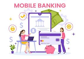 Mobile Banking Vector Illustration with Wallet App for Payment from Phone and Wireless Cash Transaction by Credit and Debit Cards in Flat Background