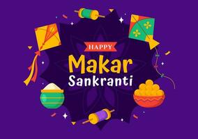 Makar Sankranti Vector Illustration. Translation the Harvest Festival. Indian Festive with Flying Colorful Kites And String Spools in Flat Background