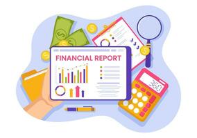 Financial Report Vector Illustration with Data Charts, Graphs and Diagrams on Finance Transaction, Analysis and Statistic Online in Flat Background