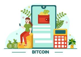 Bitcoin Vector Illustration with Cryptocurrency Coins of Blockchain Technology, Buy or Sell Trading, Crypto Market Exchange Value in Flat Background