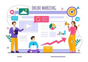 Digital Online Marketing Vector Illustration with Business Analysis, Content Strategy, Ad Targeting and Management in Flat Cartoon Background