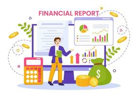 Financial Report Vector Illustration with Data Charts, Graphs and Diagrams on Finance Transaction, Analysis and Statistic Online in Flat Background