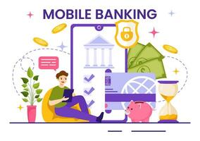 Mobile Banking Vector Illustration with Wallet App for Payment from Phone and Wireless Cash Transaction by Credit and Debit Cards in Flat Background