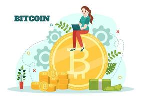 Bitcoin Vector Illustration with Cryptocurrency Coins of Blockchain Technology, Buy or Sell Trading, Crypto Market Exchange Value in Flat Background