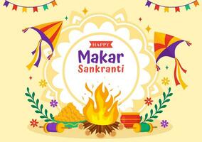 Makar Sankranti Vector Illustration. Translation the Harvest Festival. Indian Festive with Flying Colorful Kites And String Spools in Flat Background