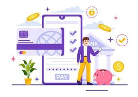 móvil bancario vector ilustración con billetera aplicación para pago desde teléfono y inalámbrico efectivo transacción por crédito y débito tarjetas en plano antecedentes