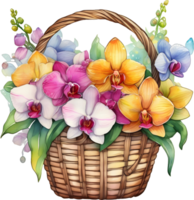 A painting of an Orchid bouquet in a basket. AI-Generated. png