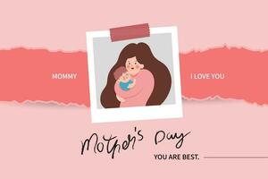 Vector illustration of joyous celebration of happy mothers day, mothers day related polaroid photo of mother holding baby