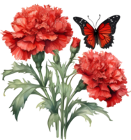 un pintura de un ramo de flores de clavel y un mariposa. ai-generado. png