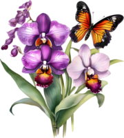 A painting of a bouquet of orchids and a butterfly. AI-Generated. png